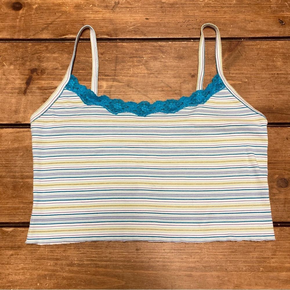Y2K Victoria’s Secret Cropped Striped Tank Top Large Upcycled DIY Blue Green